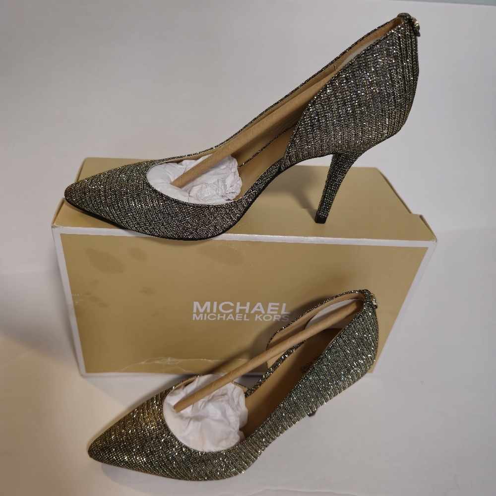 New Michael Kors Nathalie Flex High Pump Black Gold Glitter Mesh, Size 7.5M - Picture 12 of 17